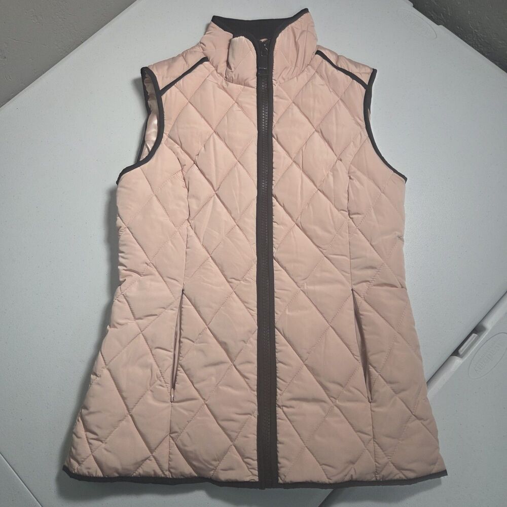 Calvin Klein Quilted Puffer Vest Womens XS Blush Pink Black Trim Full Zip Jacket